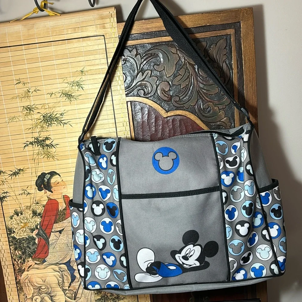 Disney Baby Diaper Bottle Shoulder Mickey Bag Grey Blue Canvas GUC 14”Lx11”Hx5”